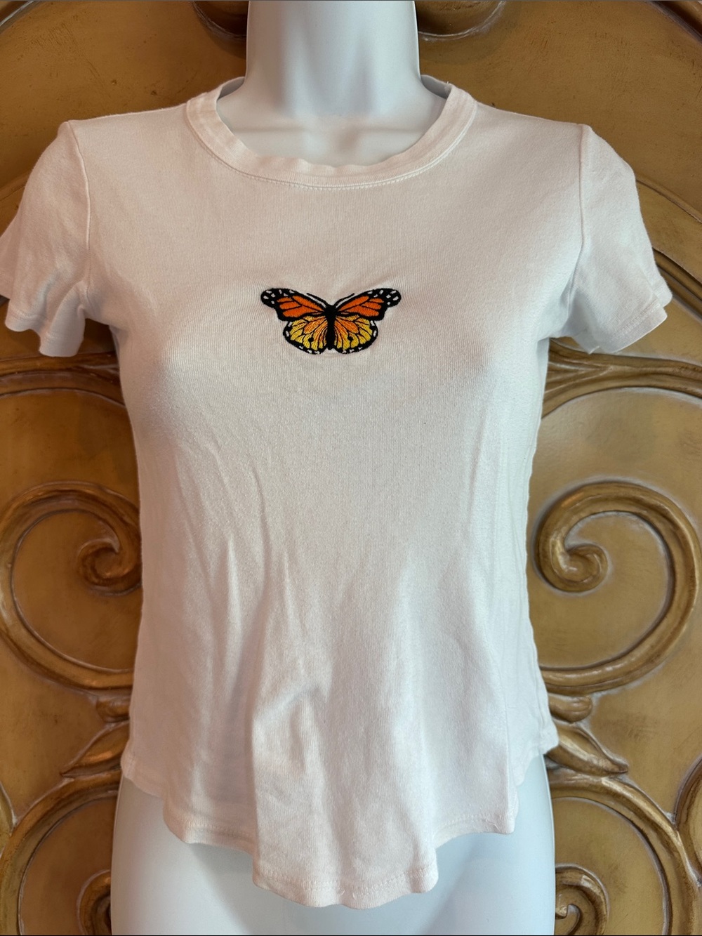 White Short-Sleeve Tee with Orange Butterfly Patch
